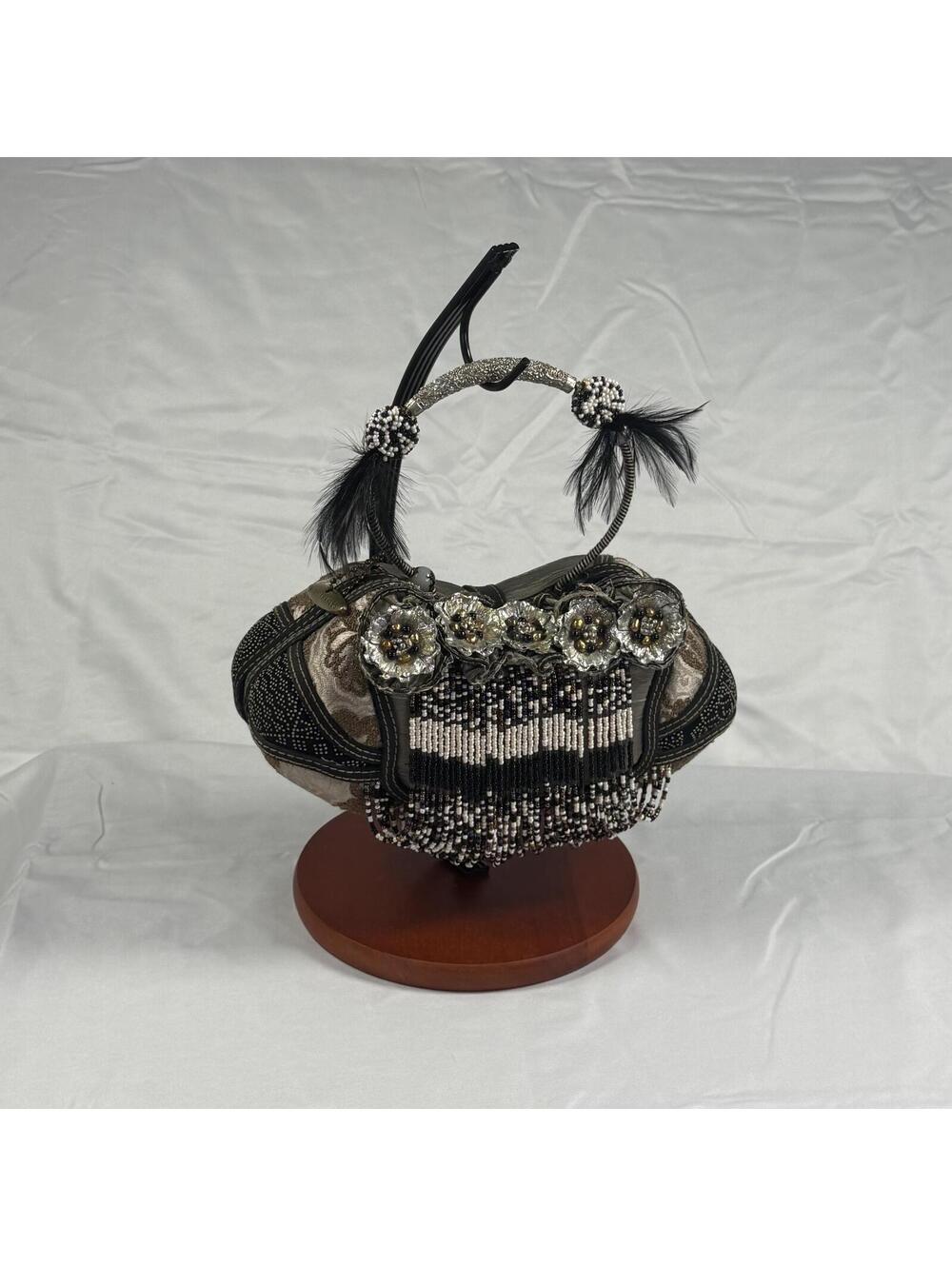 Mary Frances Beaded Handbag Black Silver Feather Brocade Top Handle Purse
